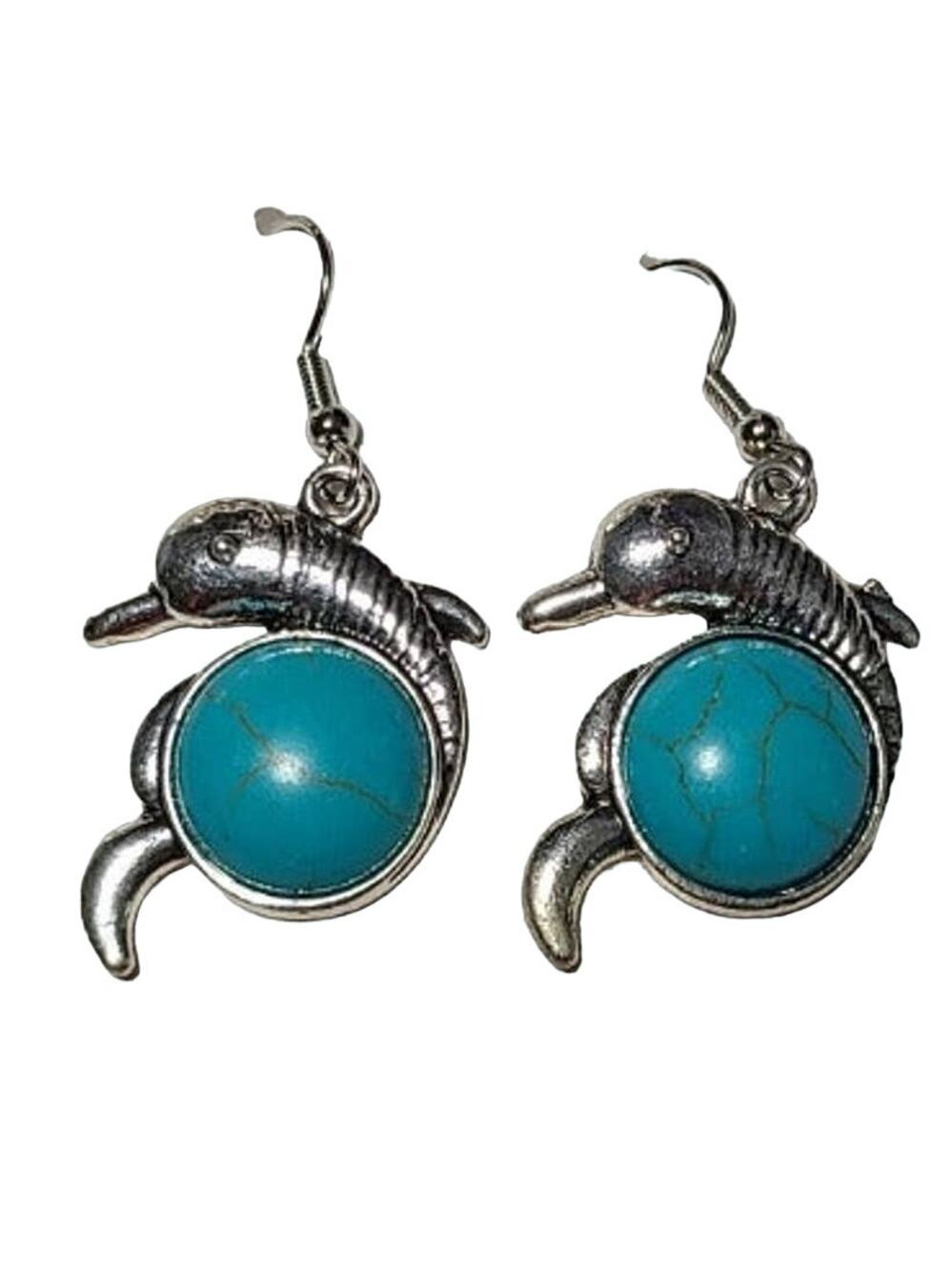 Silver Turquoise Stone Dolphin Dangle Drop Fashion Earrings